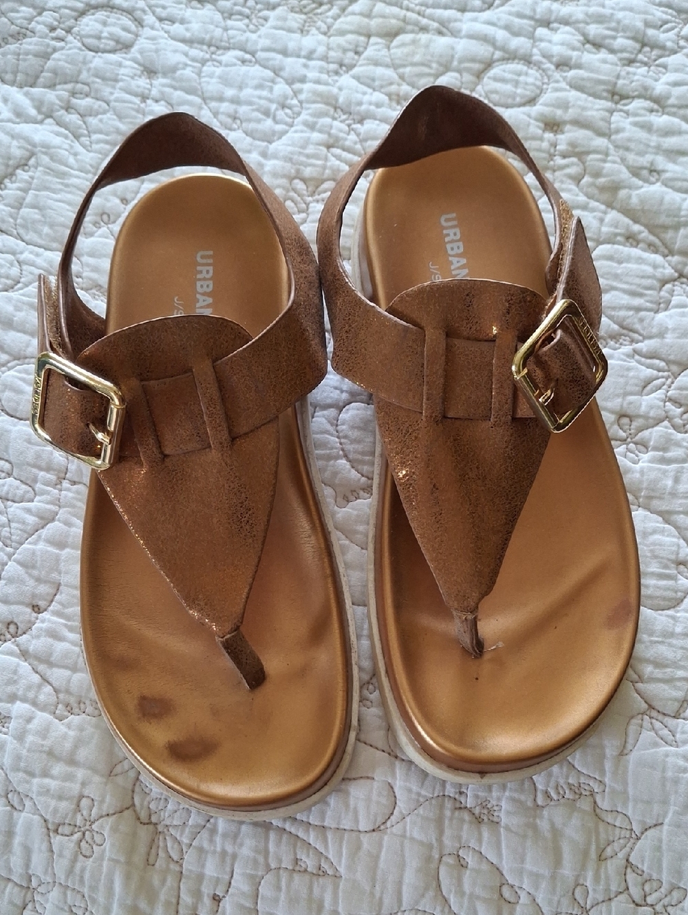 Brown Suede Thong Sandals with Gold Buckles Size 5.5